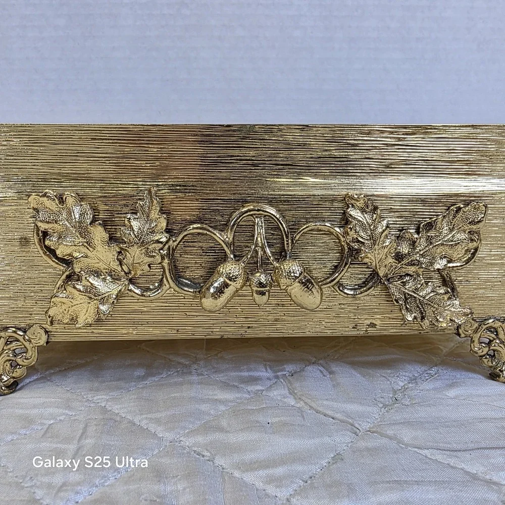 Vintage Hollywood Regency Gold Leaves Acorns Tissue Napkin Mail Holder Victorian